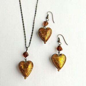 Murano Amber Glass Heart necklace earring set